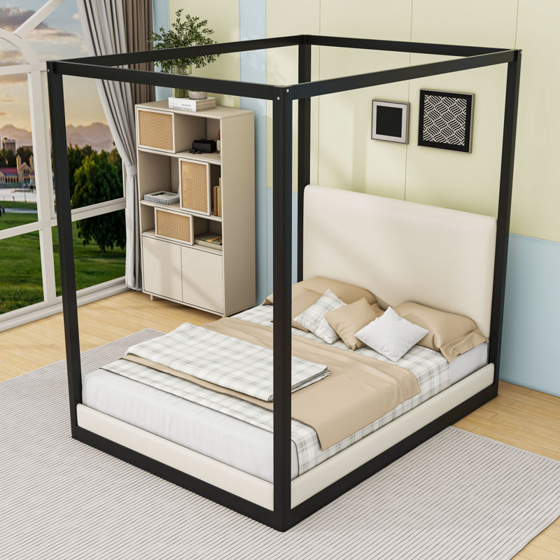 Lit plateforme à baldaquin en bois avec tête de lit tapissier en lin, Noir blanc, Grand lit