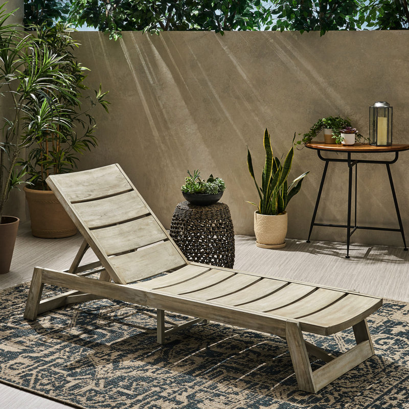 Wood Chaise With Adjustable Angle, Grey Color And Metal Decoration Lounge Constructed Solid, Gray
