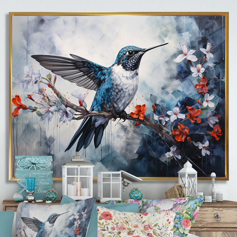 Colibri harmonie florale sur toile, Cadre flottant doré, 24" H x 32" W