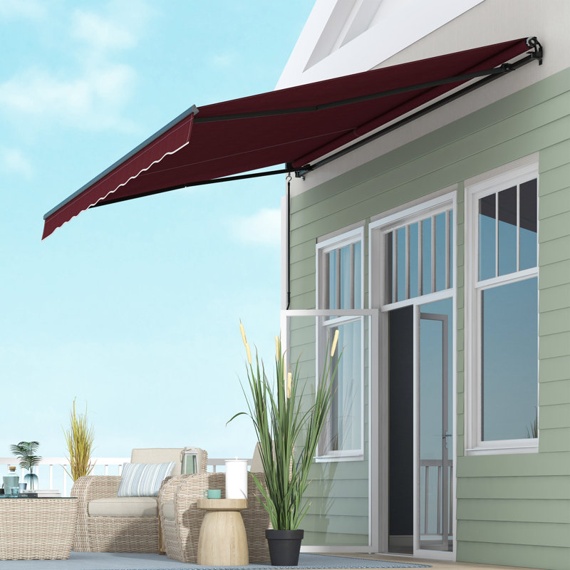 Auvent de terrasse rétractable en polyester de 59,1 po de largeur Outsunny, H 59,1 po x l 177,2 po x P 118,1 po, Rouge vin
