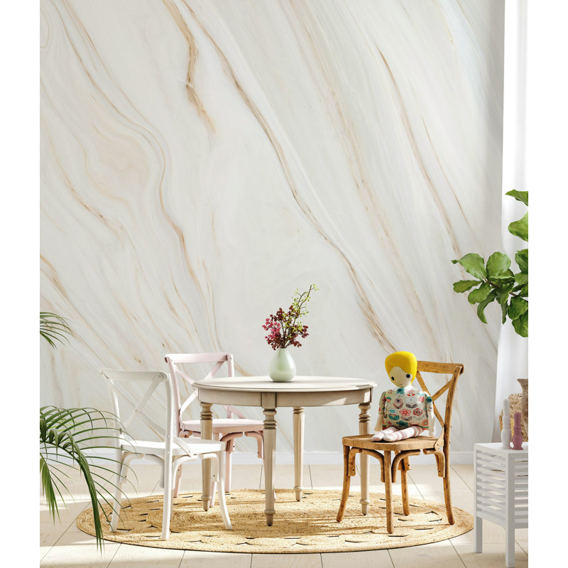 Papier peint crème veiné de marbre blanc avec beige chaud, L 100 po x l 150 po