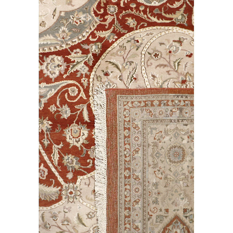 Tapis beige / rouge en laine noué à la main de conception unique 9 pi 11 po x 14 pi Tabriz