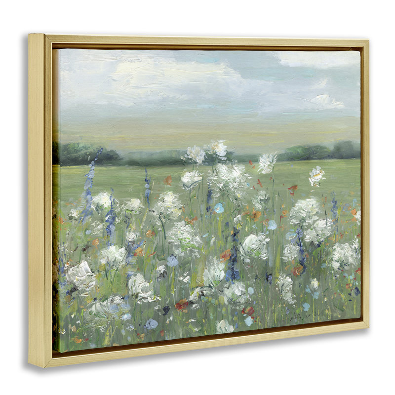 Fleurs de prairie tachetées dans un champ, Cadre flottant gris lustré, H 17 po x l 21 po