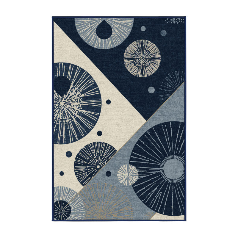 Soft Plush Adlai Global Inspired Block Print Area Rug in Gray – Navy Binding, 5x7