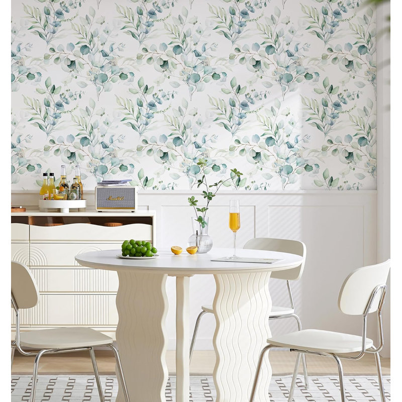Papier peint à peler et coller - motif floral feuille d'eucalyptus vert bohème, 17,7 po x 32,8 pi, auto-adhésif, amovible, lavable, finition mate texturée, installation facile pour la décoration intérieure