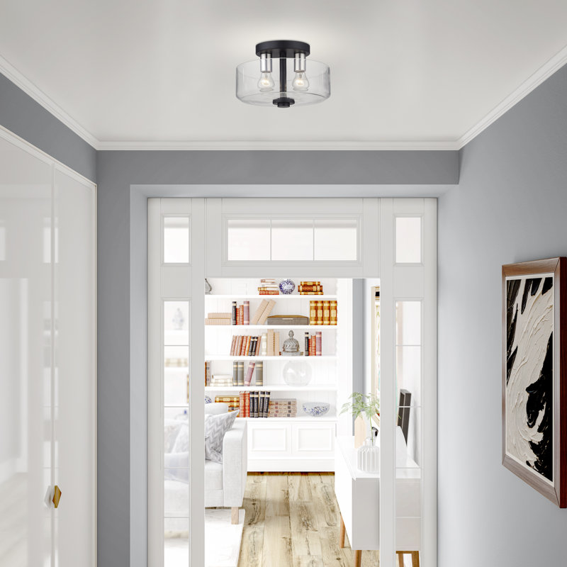 2 Light Black Medium Semi-Flush With Mouth Blown Clear Glass And Brushed Nickel Accents, Black