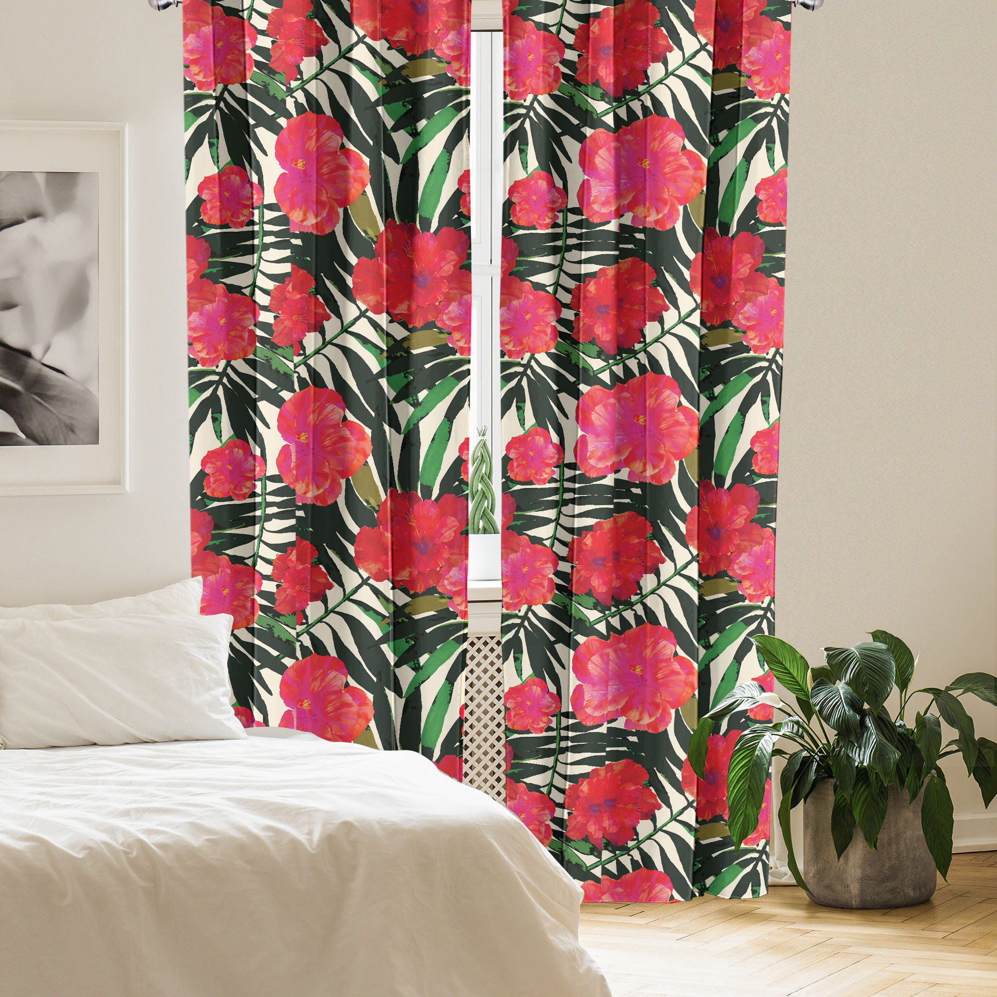 East Urban Home Tropical Curtains Red Exotic Flowers Palm Pair 427339 ...