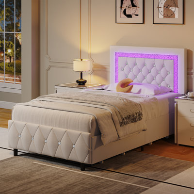 Alber Upholstered Platform Bed Frame with LED Lights & Storage Drawers - Diamond Tufted Headboard & Footboard, Modern Bedroom Furniture