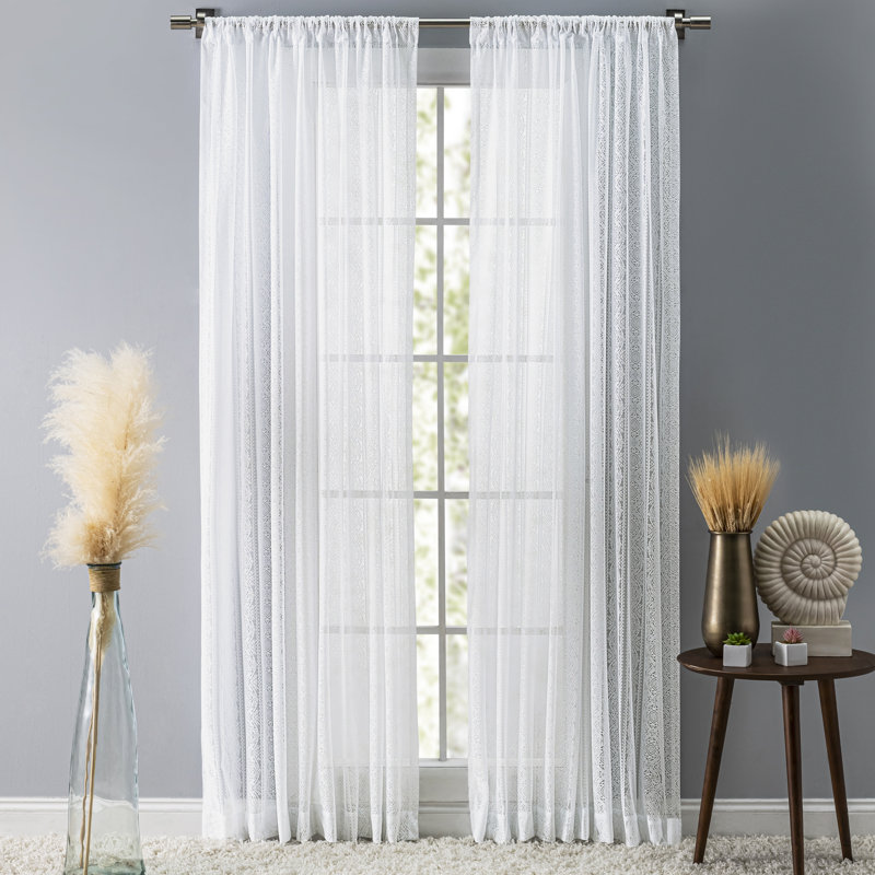 Erial Modern Geometric Lace Semi-Sheer Rod Pocket Elegant Curtain Panel, White, 54'' W x 84'' L