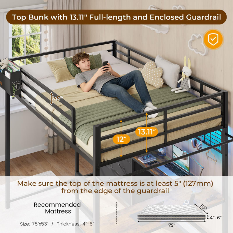 Full Loft Bed With L-shaped Desk And 7 Storage Drawers,metal Full Size Loft Bed For Led Lights And Charging Station,13.11" H Safety Guardrail And Ladder,no Box Spring Needed, Black