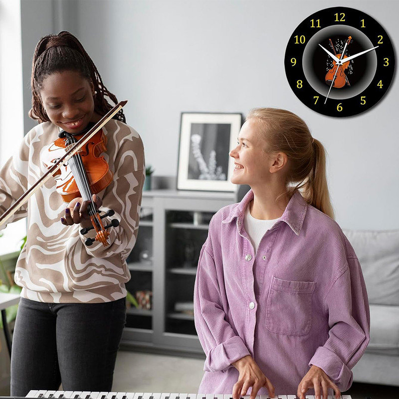 12 Inch Music Themed Wall Clock with Violin and Musical Notes Dial., Silent Clock