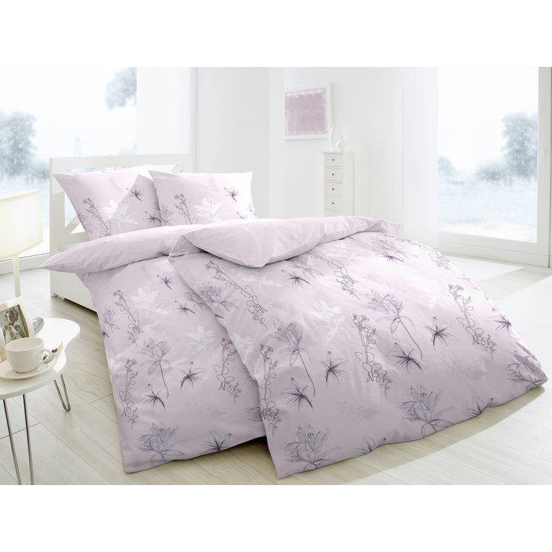 Flores Cotton 200 TC 2 Piece Duvet Cover Set, 155 x 220cm Duvet Cover + 1 Pillowcase, Mauve