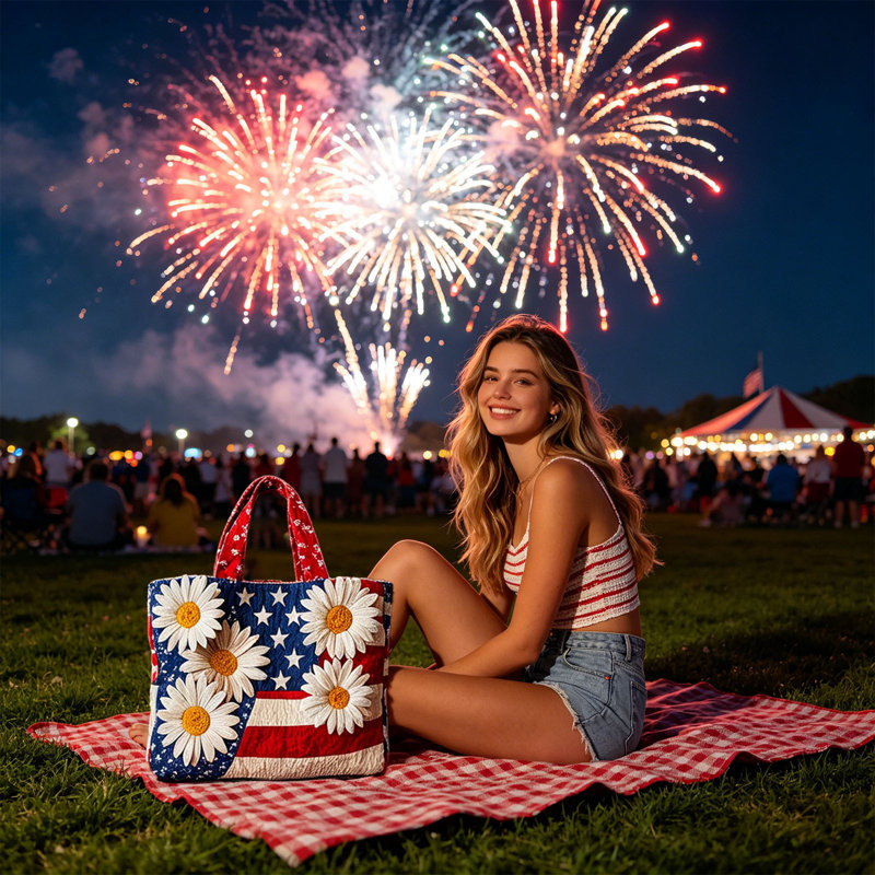  US 250th Anniversary Quilted Shoulder Tote Bag Large Capacity Convenient Handbag, L