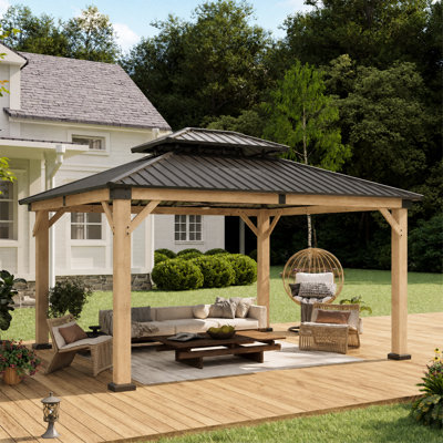 Pavillon de jardin permanent à toit double 14 pi x 12 pi avec double toit, pavillon de patio permanent en bois de cèdre pour la cour, la terrasse et le bord de la piscine