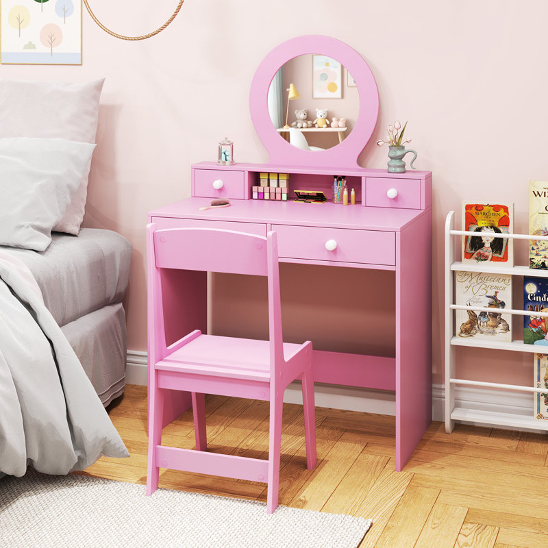 Kids Vanity Set Princess Pretend Play Vanity Table With Chair & Mirror & 4 Drawers, Pink