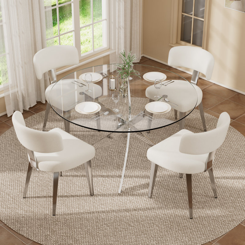 Modern Tempered Glass Dining Table Set With PU Leather Chairs, 36/47-Inch Kitchen Dining Set For 2/4/6 People, Contemporary Easy-To-Clean Dining Furniture Set