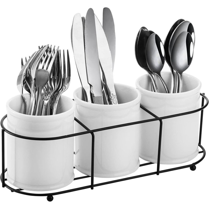 Porte-ustensiles 3 pièces en céramique avec support en métal - Rangement multi-usages pour couverts de cuisine
