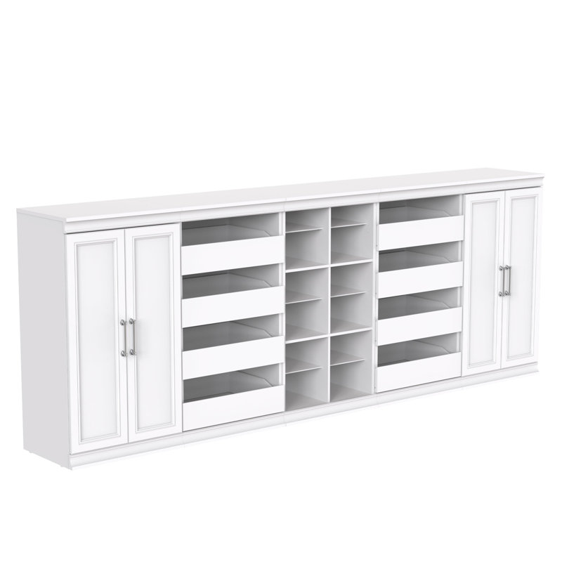 White Modular Storage System with Drawers and Shelves, 107" Wide
