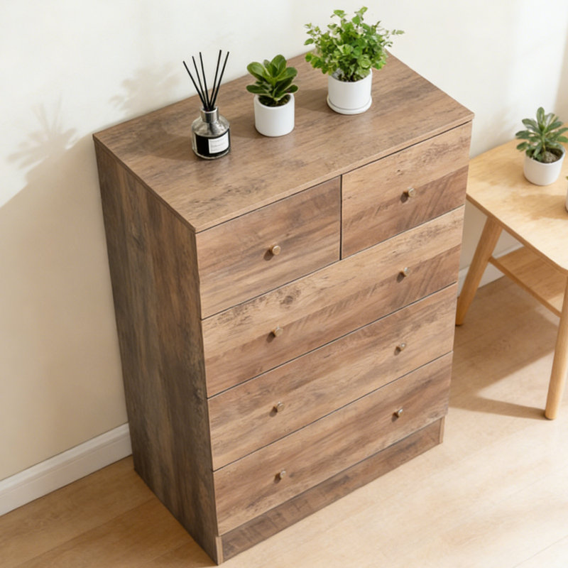 Linen-Textured Melamine Drawer Cabinet with 3+2 Drawers & Matte Gold Handles, Bedroom Storage Organizer