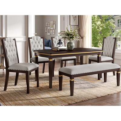 Ensemble de table de salle à manger 6 pièces, table rectangulaire de 60 po, 4 chaises capitonnées à dossier haut et 1 banc pour la salle à manger et la cuisine (espresso)