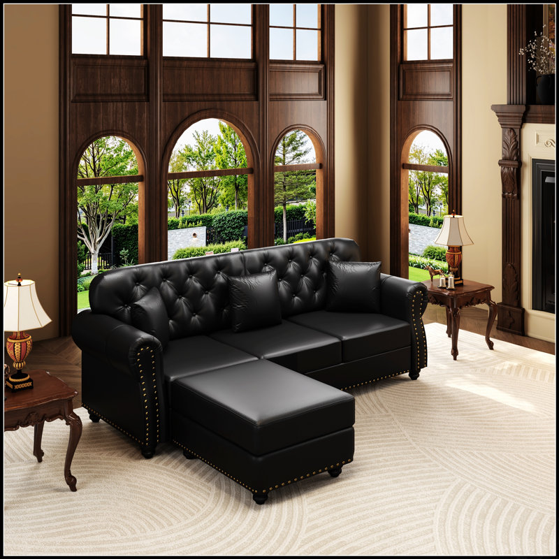 Canapé Chesterfield Mid-Century, L 82,6 po, Similicuir noir