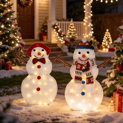 2PCS 2D Outdoor Snowman Christmas Decorations, 24" 28"H Light Up Christmas Decor With 60 Warm White LED Lights,  Lighted Holiday Displays For Yard Decor, Porch, Patio, Lawn, Home, Garden