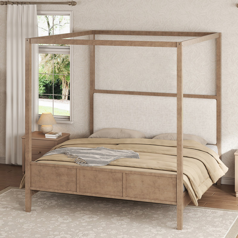 Très grand lit plateforme à baldaquin en bois avec tête de lit tapissier