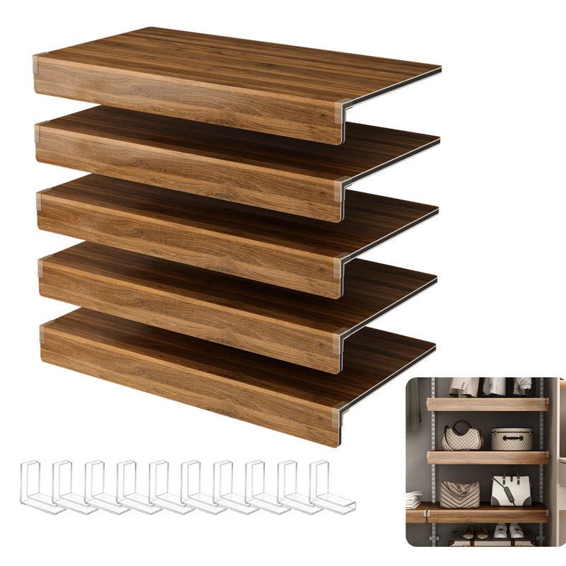 5 pièces de housses de tablettes grillagées en noyer pour garde-robe de salle de bain, avec surface en grain de bois imprimé et 10 supports en acrylique à angle droit pour une utilisation uniforme