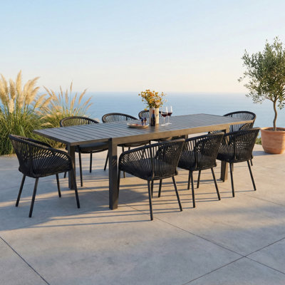 Ensemble repas d'extérieur pour 8 personnes avec table rectangulaire extensible et chaise empilable, coussins inclus