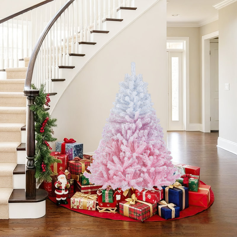 Arbre de Noël artificiel 5 pi avec 456 branches et base pliante en métal blanc et rose, H 5 pi, Blanc / Rose