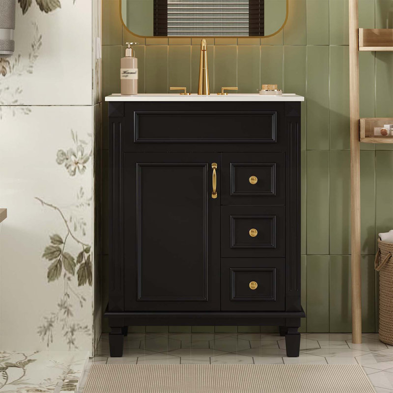 Meuble-lavabo de salle de bain avec lavabo, 2 tiroirs, design compact et élégant, Black