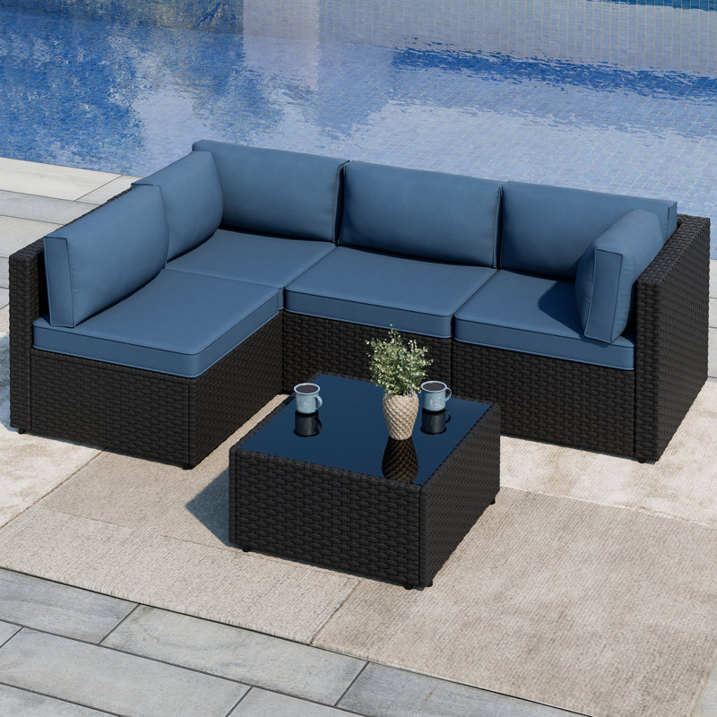 5-Piece Outdoor Patio Set with Cushions, Black, Navy