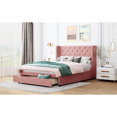Pink Velvet Upholstered Bed With Queen Size Platform And Wingback Headboard - Stable Base, Big Drawer Relaxing Storage