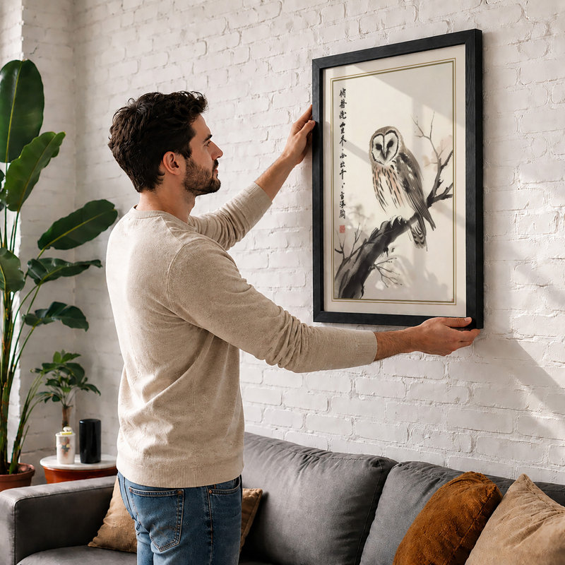Perched Owl Japandi - Print, A2 - 59.4 x 42.0 cm, White