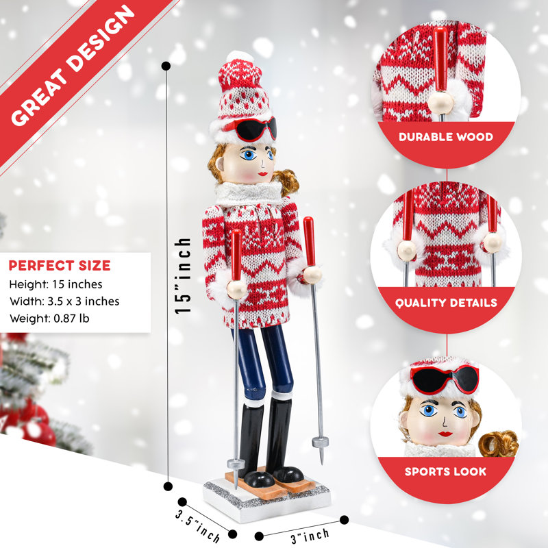 Casse-noisette en bois avec chandail et bâtons de ski Skier
