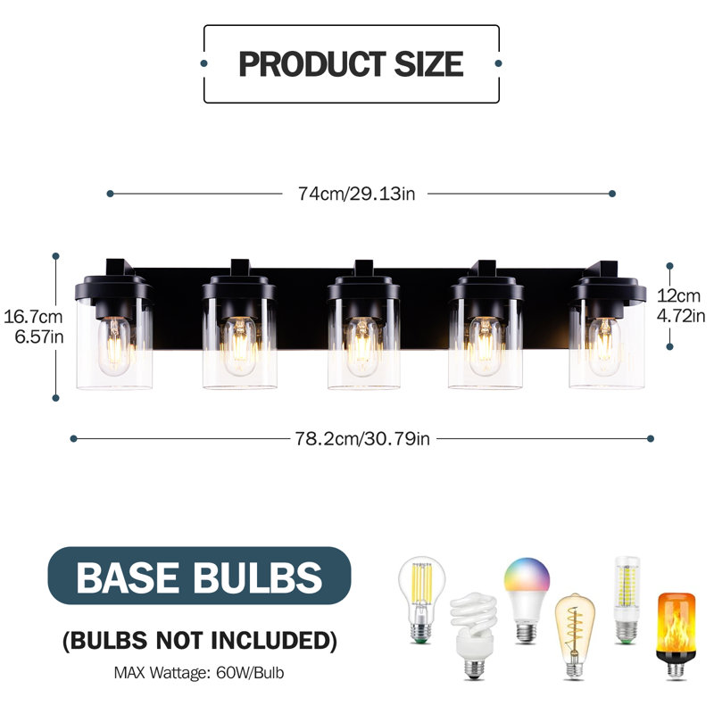 Matte Black Bathroom Vanity Light, 5-Light Vanity Lighting Fixtures Over Mirror, Square Design Wall Sconces With Clear Glass Shades