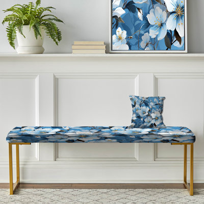 Blanc et bleu motif floral Bliss II - banc rembourré floral doré