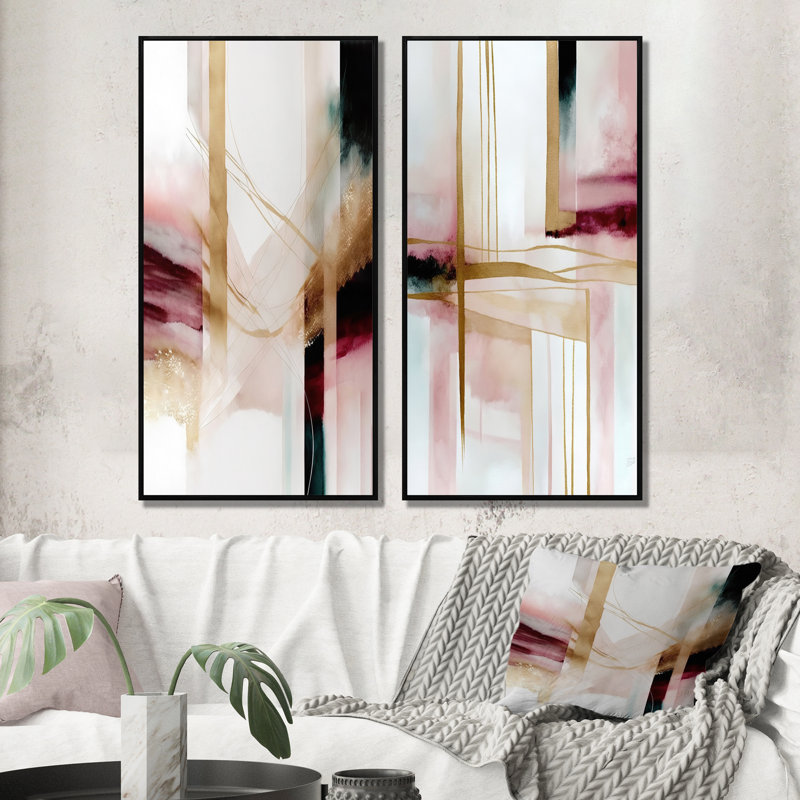"Géode abstraite rose et rouge", 2 pièces sur toile, H 40 po x l 40 po, Cadre noir