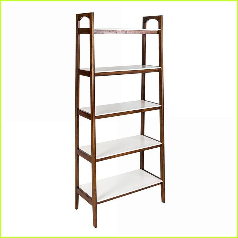 5-Shelf Mid-Century Bookcase | Off-White &amp; Pecan | Solid Wood Frame