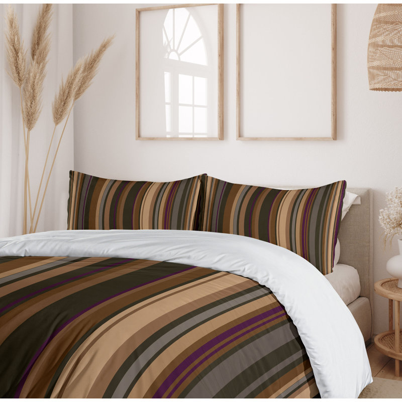 Tan and Brown Striped Queen Duvet Cover Set with Pillow Shams