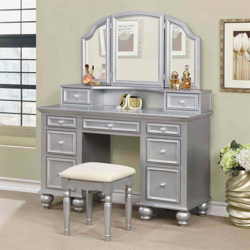 Meuble-lavabo de style transitionnel avec tabouret, tiroirs de rangement et miroir à 3 côtés pour un décor de chambre à coucher élégant