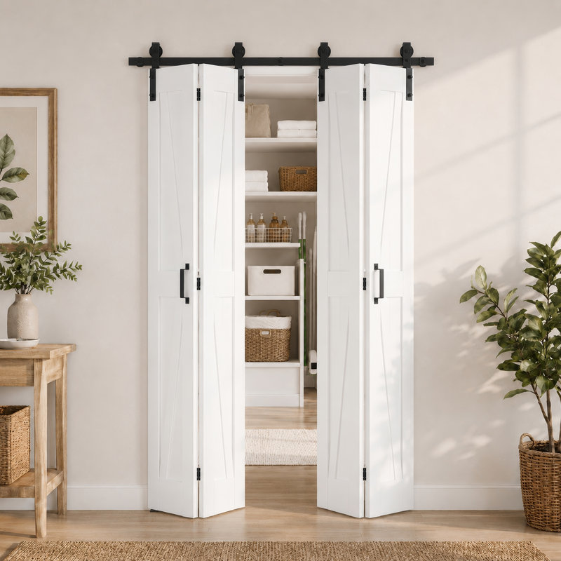 Portes de grange pliantes en bois manufacturé en forme de K avec quincaillerie d'installation, 72 po x 84 po