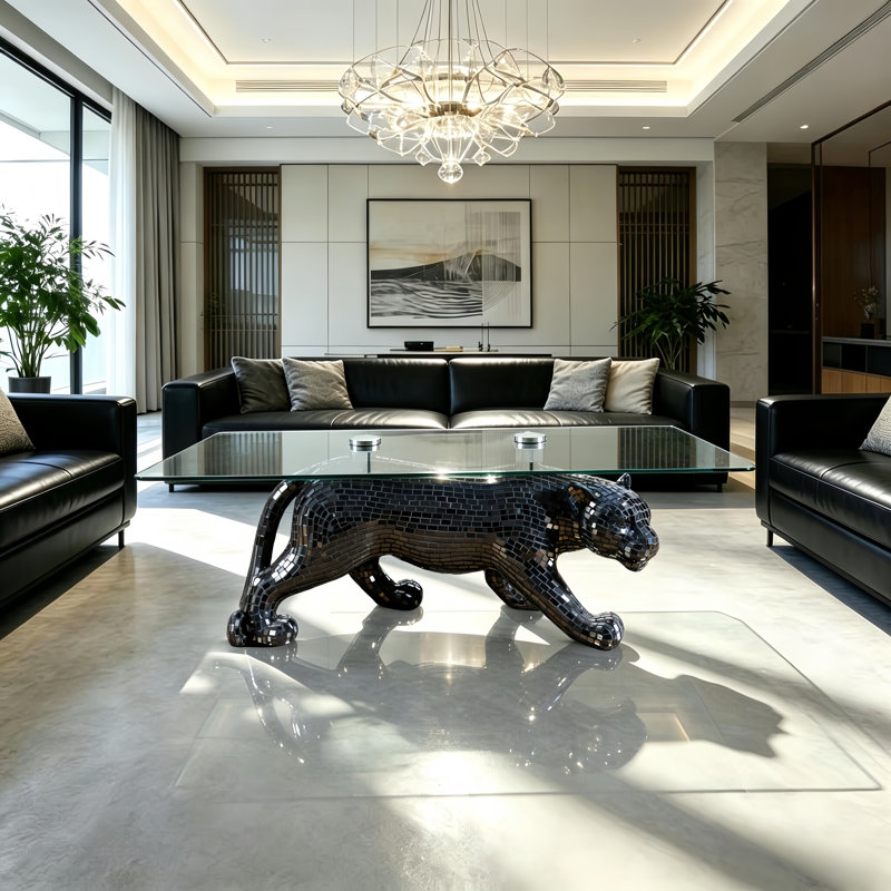 Table basse avec dessus en verre trempé et sculpture de panthère marchante en mosaïque de miroir noir, Noir