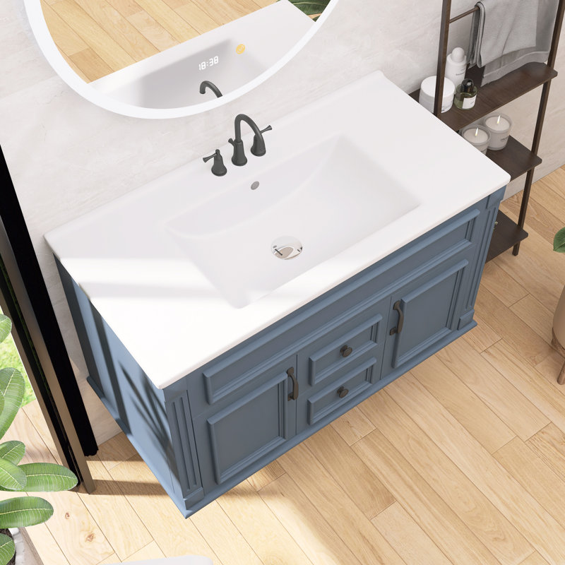 Meuble-lavabo mural simple de style français avec lavabo en céramique et porte à fermeture en douceur, Blue