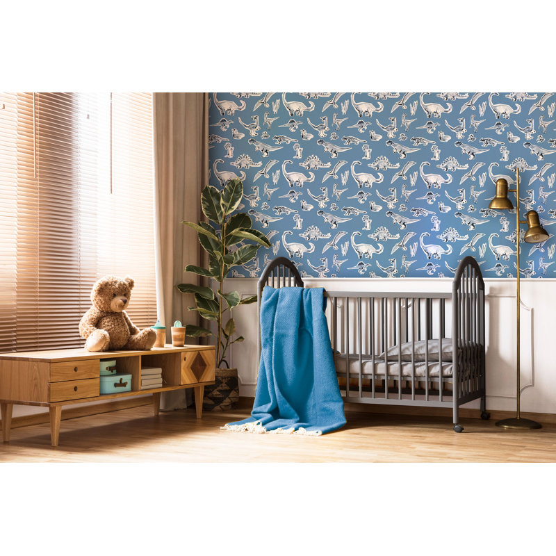 Prehistoric Party 33' L x 20.5" W  Wallpaper Roll, Blue