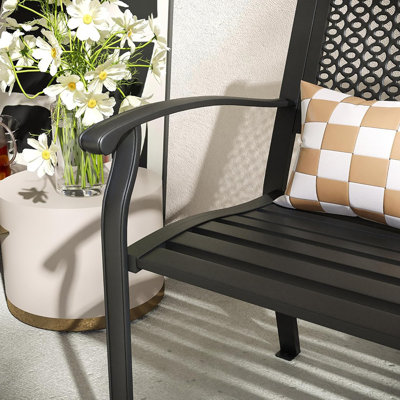 Outdoor Garden Bench With Armrests And Backrest, Waterproof Patio Metal Bench For Park, Porch, Backyard, Round Pattern Back by Lark Manor