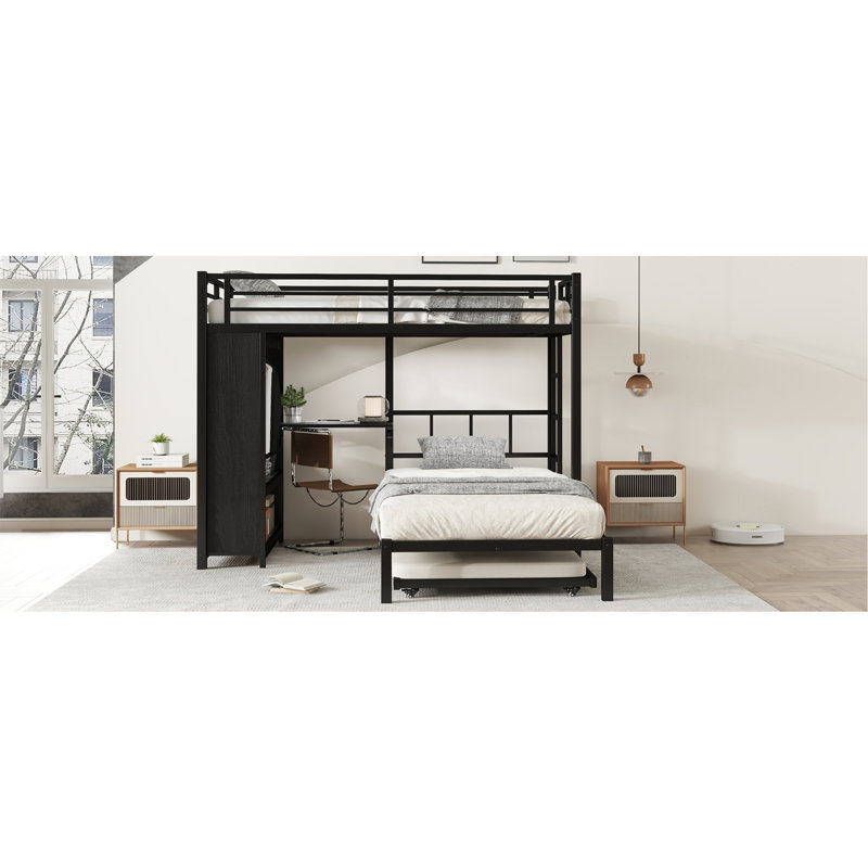 Lit superposé avec garde-robe intégré, lit superposé en métal avec lit gigogne, bureau pliable, échelles, conception à bruit réduit