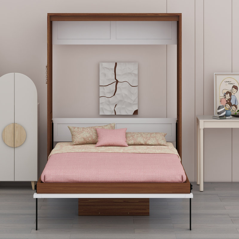 Lit escamotable avec bureau escamotable Murphy, Noyer / Blanc