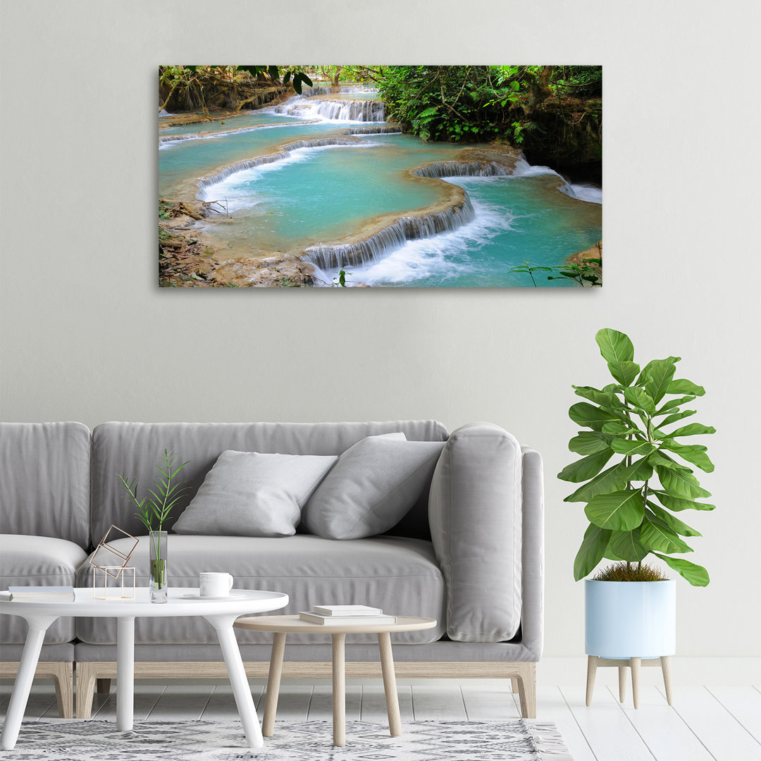 Leinwanddruck - Wandkunst - Drucke auf Leinwand - 100X50 Bildmotiv: Wasserfall im Wald