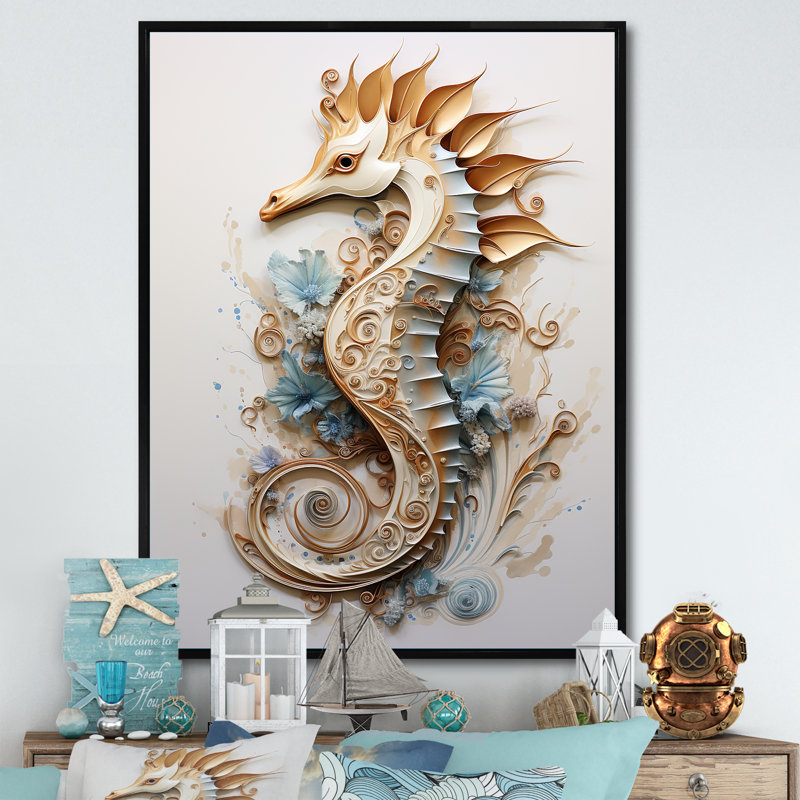 Hippocampe magique beige I sur toile, Cadre flottant noir, 40" H x 30" W
